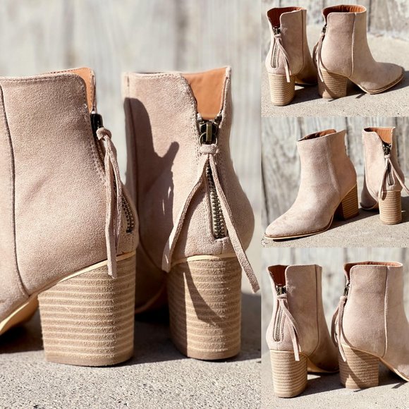 NEW Taupe Faux Suede Pointed Toe Rivet Mini Studded Block Heel Ankle Bootie Boot - Picture 10 of 16